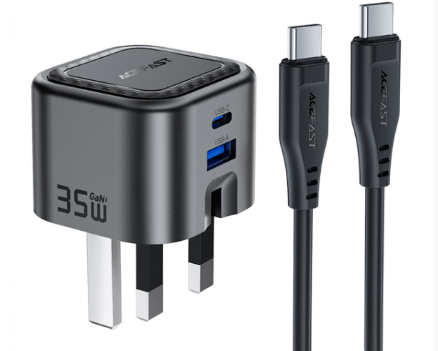 ايس فاست شاحن حائط سريع الشحن A120- Gan   بمخرج تايب سي ومخرج يو اس بي 35 وات مع كابل تايب سي الي تايب سي  ( المملكة المتحدة )