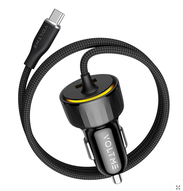 فولتمي - شاحن سياره اسود بمنفذين ( تايب سي +يو اس بي ) بقوة 52.5 وات  + كابل تايب سي بطول 1.2 متر. 