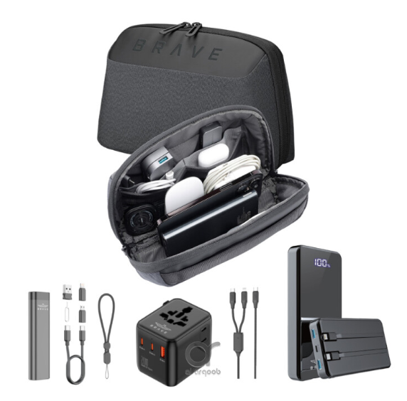 مجموعة سفر بريف، حقيبة تقنية 5 في 1، ملحقات سفر، باور بنك بقوة 12000 مللي أمبير/ساعة، محول سفر عالمي مع شاحن سريع GaN بقوة 20 وات، كابلات USB-C وLightning 2 في 1، مجموعة متعددة الوظائف 9 في 1 (BTK-01)