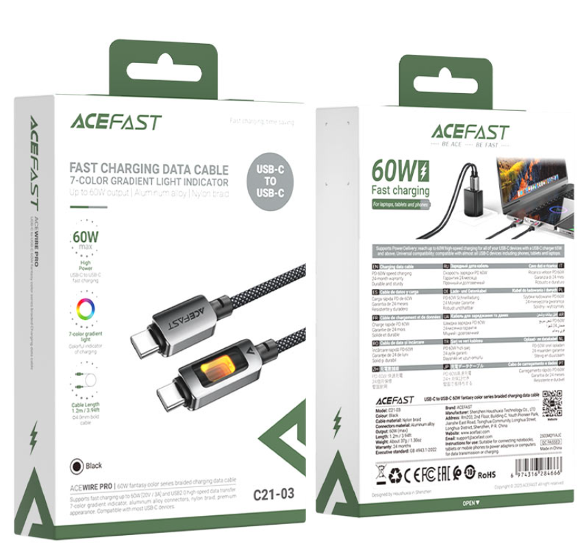 ايس فاست - كابل شحن ونقل البيانات C21-03 USB-C إلى USB-C بقوة 60 واط