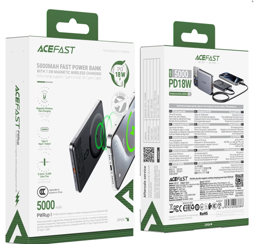 ايس فاست - باور بنك طاقة مغناطيسي سريع الشحن لاسلكيًا M8 PD18W بسعة 5000 مللي أمبير