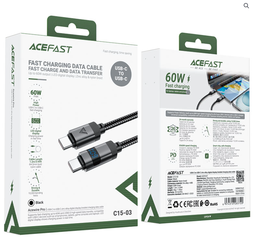 ايس فاست - كابل شحن ونقل البيانات C15-03 USB-C إلى USB-C بقوة 60 واط 1.200  متر